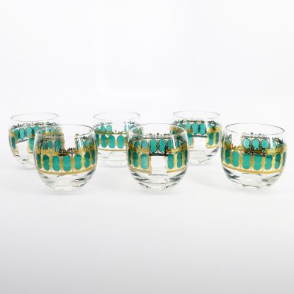 Picture of Vintage Culver 'Emerald Scroll' Set of 6 Roly Poly Lowball Glasses