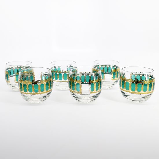 Picture of Vintage Culver 'Emerald Scroll' Set of 6 Roly Poly Lowball Glasses