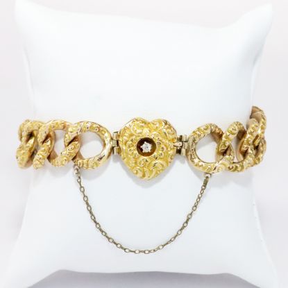 Picture of Antique Victorian 9k Yellow Gold Chain Bracelet with Heart Shaped Clasp with Diamond Accent