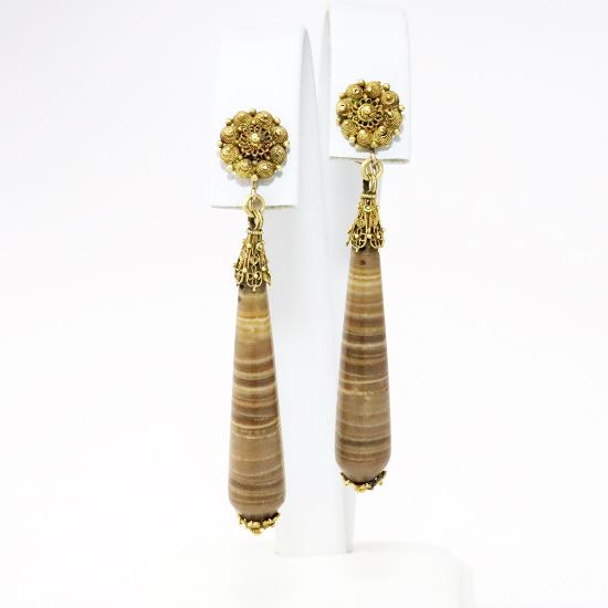Picture of Antique Victorian 18k Yellow Gold & Banded Jasper Etruscan Revival Earrings