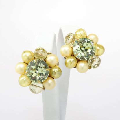 Picture of Vintage De Mario Yellow Rhinestone, Faux Pearl & Glass Bead Clip-On Earrings