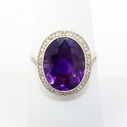 Picture of Antique Early 20th Century 14k Two-Tone Gold & Oval Cut Amethyst Ring with Diamond Halo