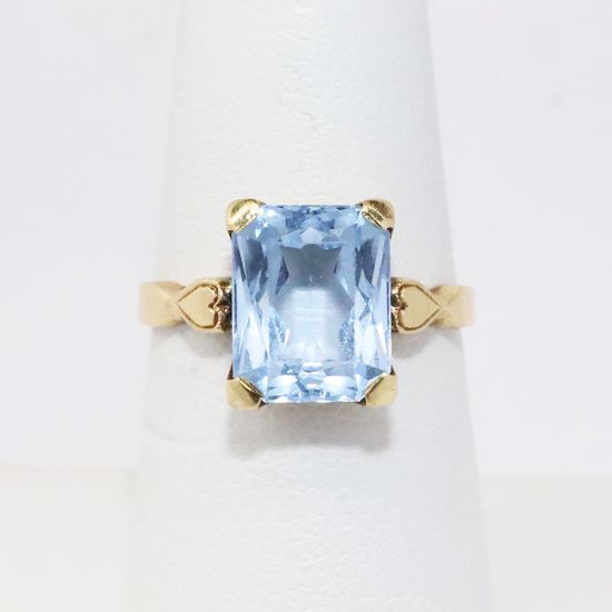 Picture of Antique 14k Yellow Gold & Synthetic Blue Spinel Ring with Milgrain Heart Details