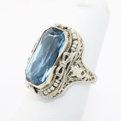 Picture of Antique Art Deco Era 14k White Gold Filigree & Blue Synthetic Spinel Ring with Gray Seed Pearl Accents