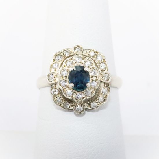 Picture of Antique 14k White Gold & Blue Sapphire Ring with Double Diamond Halo
