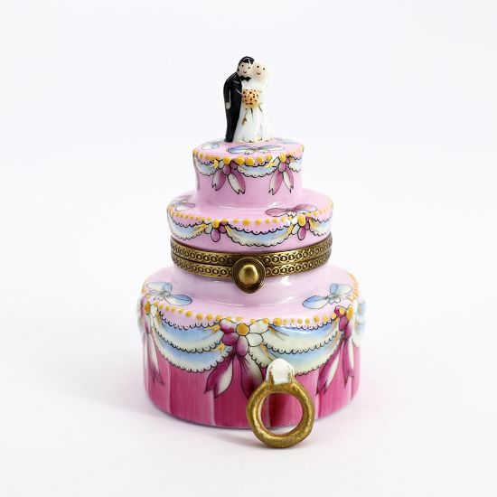 Picture of Limoges Porcelain Wedding Cake Trinket Box with Bride & Groom Cake Toppers & Surprise Engagement Ring Inside 