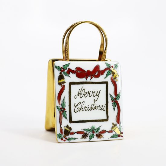 Picture of Limoges Porcelain 'Merry Christmas' Gift Bag Trinket Box with Surprise Present Inside