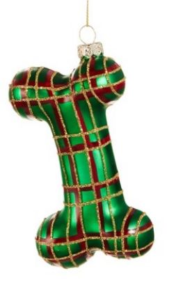 Picture of Blown Glass Green Plaid Dog Bone Christmas Ornament