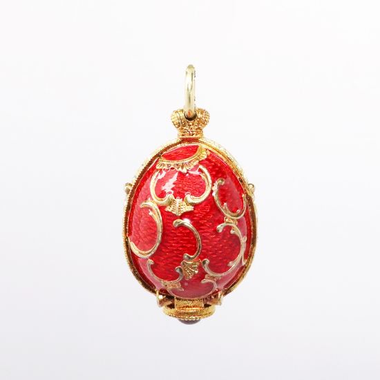 Picture of Vintage Gilt Sterling Silver, Red Guilloche Enamel & Rhinestone Fabergé Style Egg Pendant with Flower Basket Inside