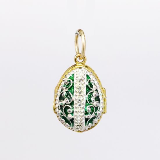 Picture of Vintage Gilt Sterling Silver, Green Enamel & Rhinestone Fabergé Style Egg Pendant/Charm with Angel Inside