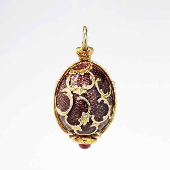 Picture of Vintage Gilt Sterling Silver, Purple Guilloche Enamel & Rhinestone Fabergé Style Egg Pendant with Flower Basket Inside