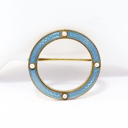 Picture of Antique Edwardian Era 14k Yellow Gold, Sky Blue Guilloche Enamel & Pearl Circle Brooch