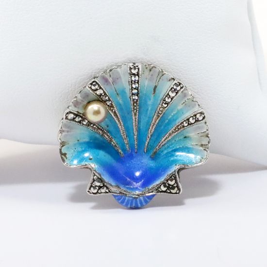 Picture of Vintage Alice Caviness Sterling Silver, Enamel, Marcasite & Faux Pearl Oyster Brooch