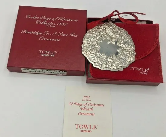 Picture of Towle 1991 Wreath Ornament, Sterling, 1st in series, Partridge in a Pear Tree