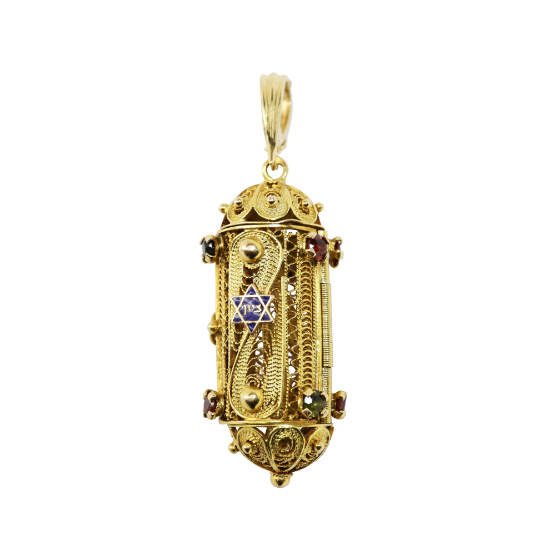 Picture of Vintage 14k Yellow Gold, Enamel & Gemstone Mezuzah Pendant