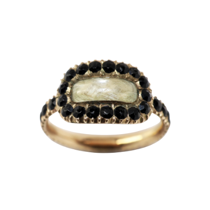 Picture of Antique Georgian Era 6K Gold, Black Melanite Garnet & Hair Mourning Ring