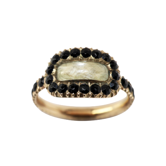 Picture of Antique Georgian Era 6K Gold, Black Melanite Garnet & Hair Mourning Ring