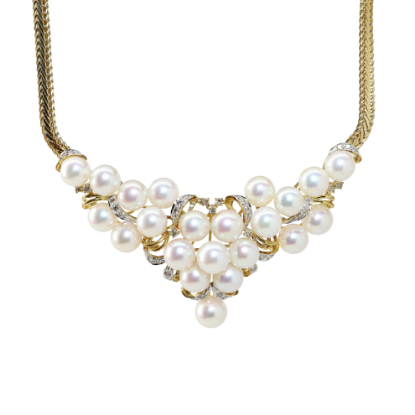 Picture of 14K Yellow Gold Cultured Pearl & Diamond Bib Necklace