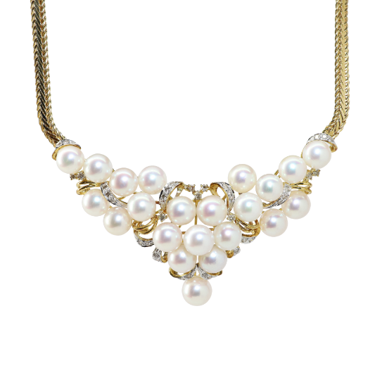 Picture of 14K Yellow Gold Cultured Pearl & Diamond Bib Necklace