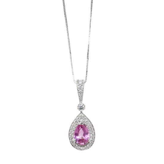 Picture of 14k White Gold & Pear Cut Pink Sapphire Pendant Necklace with Diamond Halo