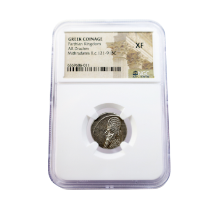 Picture of Mithradates II, Greek Coinage, c.121–91 BC, Parthian Kingdom, AR Drachm (NGC XF)