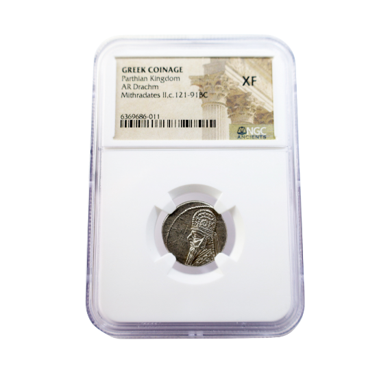 Picture of Mithradates II, Greek Coinage, c.121–91 BC, Parthian Kingdom, AR Drachm (NGC XF)