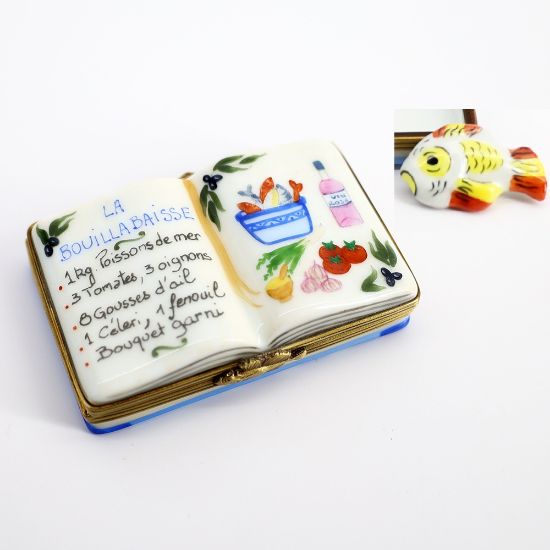 Picture of Limoges Porcelain Cookbook with Bouillabaisse Recipe Trinket Box with Surprise Fish Inside