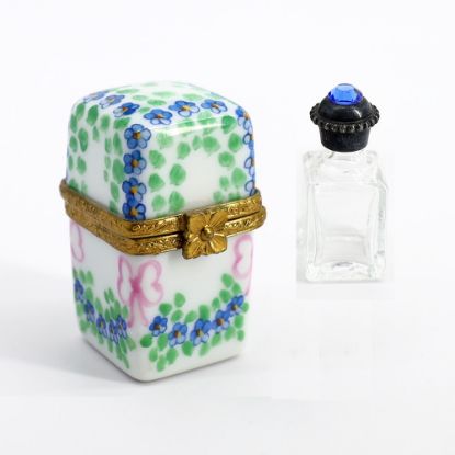 Picture of Limoges Porcelain Perfume Casket with Forget-Me-Not Flowers & Single Perfume Bottle Trinket Box 
