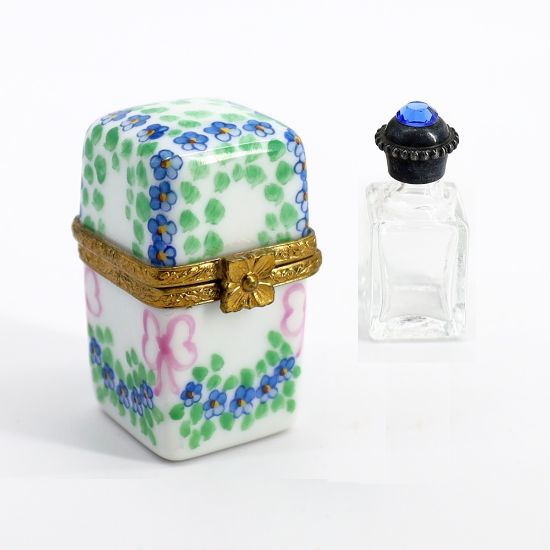 Picture of Limoges Porcelain Perfume Casket with Forget-Me-Not Flowers & Single Perfume Bottle Trinket Box 