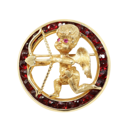 Picture of Rare Vintage Mid Century Lucien Piccard 14k Gold, Garnet & Ruby Cherub Brooch