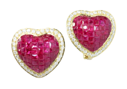 Picture of 18k Yellow Gold, Ruby & Diamond Heart Earrings 