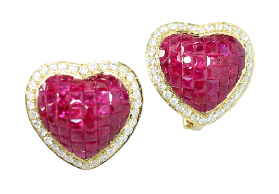Picture of 18k Yellow Gold, Ruby & Diamond Heart Earrings 