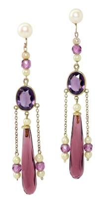 Picture of Antique Edwardian Era 14k Yellow Gold, Amethyst, Pearl & Czech Glass Dangle Earrings