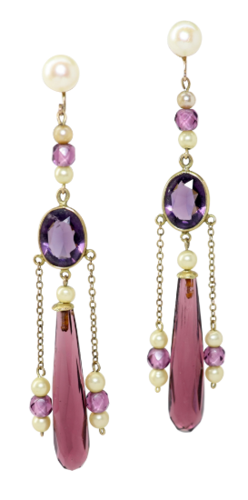 Picture of Antique Edwardian Era 14k Yellow Gold, Amethyst, Pearl & Czech Glass Dangle Earrings