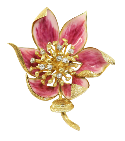 Picture of Vintage Mid Century Italian 18k Gold, Diamond & Pink Enameled Flower Brooch