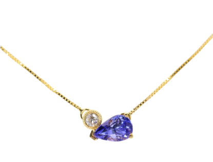 Picture of Custom 14k Yellow Gold Necklace with Pear Cut Tanzanite & Round Brilliant Cut Diamond Station