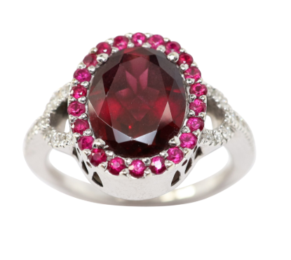 Picture of 14k White Gold Garnet, Ruby & Diamond Ring