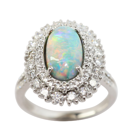 Picture of 18k White Gold & Oval Opal Cabochon Ring with Double Diamond Halo