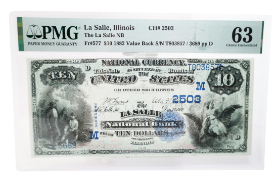 Picture of 1882 $10 National Bank Note – La Salle, IL – PMG Choice Uncirculated 63 (‘Value Back’).”