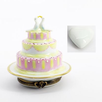 Picture of Limoges Porcelain Wedding Cake with Two White Doves Topper Trinket Box with Surprise White Heart Inside