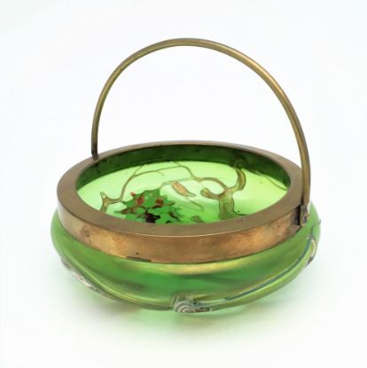 Picture of Antique Loetz/Pallme Konig Iridescent Green Bowl with Enameled Decoration & Brass Handle