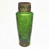 Picture of Antique Kralic Crackle Iridescent Green Glass Vase with Pierced Brass Rim