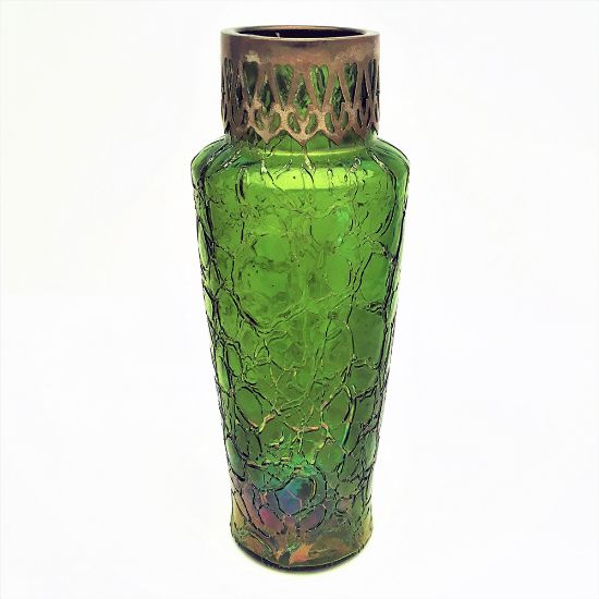Picture of Antique Kralic Crackle Iridescent Green Glass Vase with Pierced Brass Rim