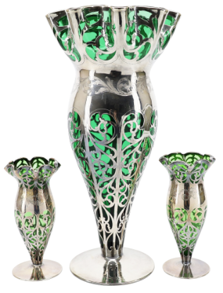 Picture of 3-Piece Alvin Sterling Silver Overlay Green Glass Vases