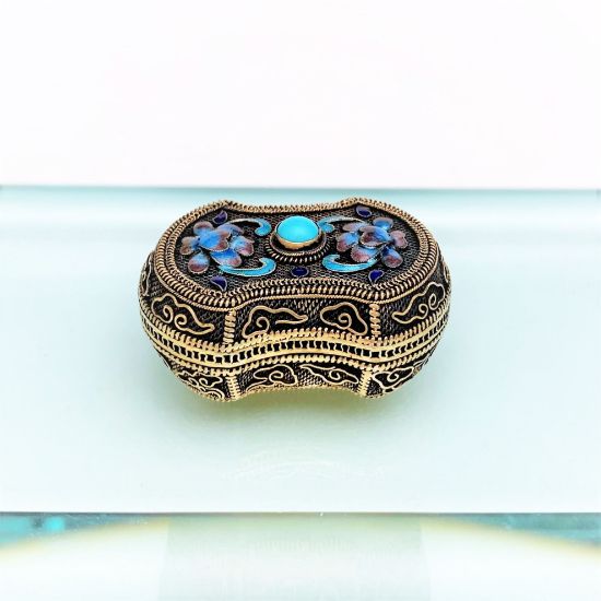 Picture of Vintage Chinese Export Gilt Silver Filigree, Enamel & Turquoise Pill/Snuff Box