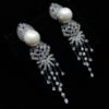 Picture of Long Clear Cz & Faux Pearl Post Back Earrings With Dangles. 2.25" Long, .55" Wide