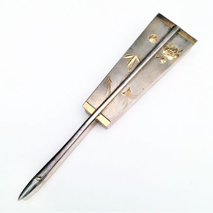 Picture of Antique 1868-1912 Japanese Jungin Silver Ogi (Fan) Shaped Trinket Box with Gold Detailing