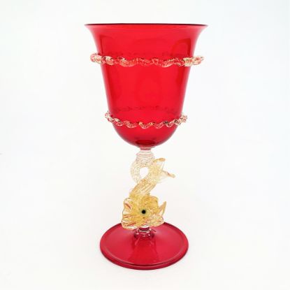 Picture of Antique Salviati Murano Ruby Red Venetian Glass Goblet with Golden Dolphin Stem