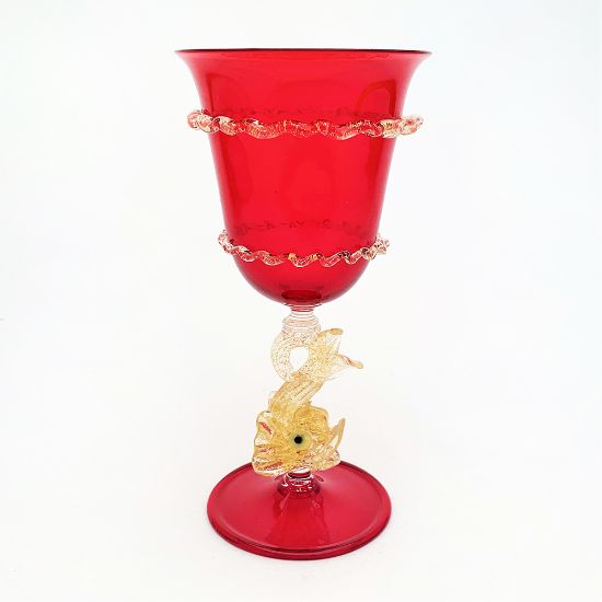 Picture of Antique Salviati Murano Ruby Red Venetian Glass Goblet with Golden Dolphin Stem