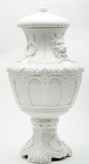 Picture of Vintage White Italian Ceramic Urn with Lion Head Details